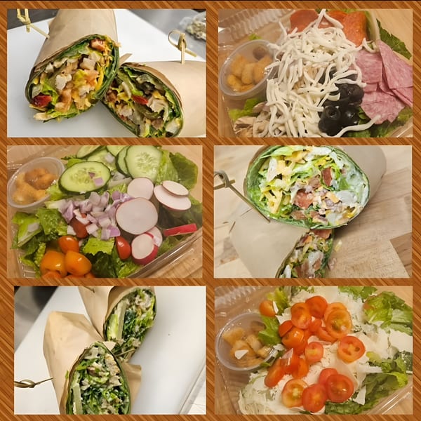 A collage of six images showing various wraps and salads in clear plastic containers.